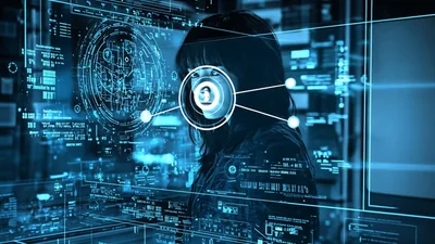 Young Woman Undergoing Futuristic Digital Facial Recognition Scan
