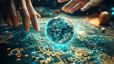 Digital Globe Hologram Interacted With By Human Hands