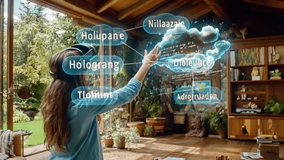 Young Woman Interacting With Augmented Reality Holographic Cloud