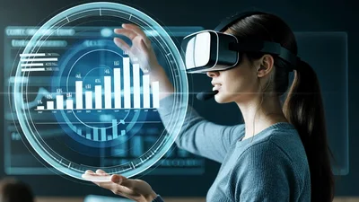 Woman Using Virtual Reality Headset To Analyze Data Charts