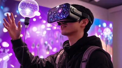 Young Man Interacting With Virtual Reality Light Installation