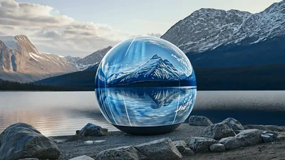 Glass Sphere Reflecting Mountain Landscape On Lake Shore