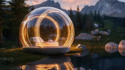 Futuristic Glass Bubble Pod Glowing By A Mountain Lake
