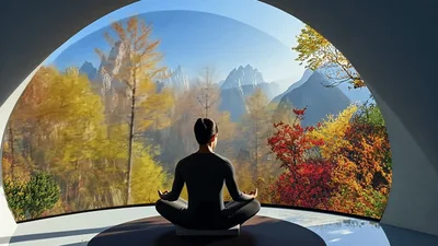 Person Meditating In Front Of A Dynamic Mountain Landscape