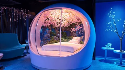 Futuristic Capsule Bed With Cherry Blossom Interior