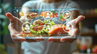 Person Holding Plate With Augmented Reality Food Nutrition Data