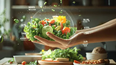 Hands Holding Floating Salad With Digital Nutritional Data Overlay