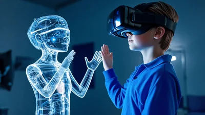Young Boy Interacting With Holographic AI Avatar In VR