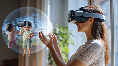 Woman Interacting With Holographic Virtual Reality Children