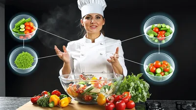 Female Chef Presenting Fresh Vegetable Salad Ingredients