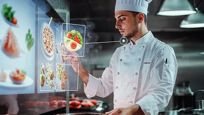 Professional Chef Interacting With Futuristic Holographic Kitchen Interface