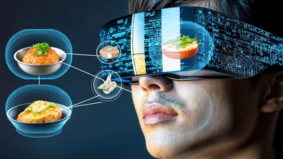 Man Wearing Futuristic VR Headset Interacting With Digital Food Interface