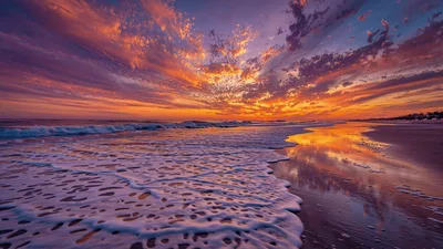 Vibrant Sunset Over Ocean Waves Rolling Onto Beach