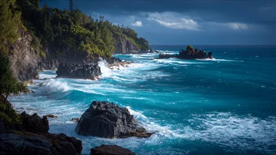 Powerful Ocean Waves Crashing Against Tropical Rocky Coastline