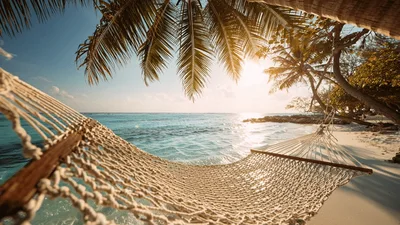 Hammock Swaying Gently Over Tropical Beach At Sunset