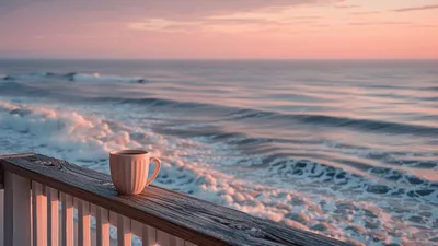 Pink Coffee Mug Resting On Wooden Balcony Railing
