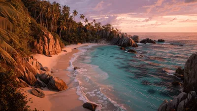 Tropical Beach Cove With Gentle Waves At Sunset
