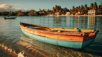 Colorful Wooden Fishing Boat Floating In Calm Tropical Waters