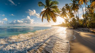 Tropical Beach Shoreline With Gentle Waves At Sunset
