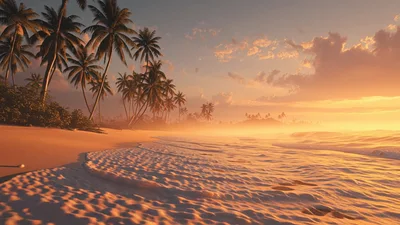 Tropical Beach Sunset With Gentle Ocean Waves Rolling In