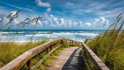 Wooden Boardwalk Leading To A Sunny Tropical Beach