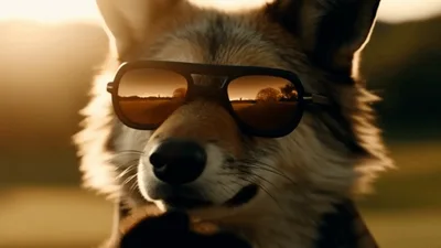 Anthropomorphic Fox Wearing Sunglasses Looking Thoughtful Outdoors