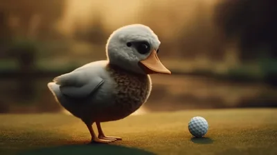 Cute Cartoon Duckling Walking Past A Golf Ball