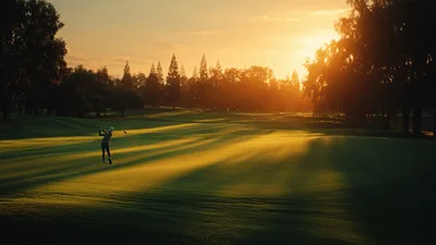 Golfer Putting On Green At Sunset