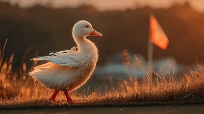 White Duckling Carrying Golf Club on Putting Green