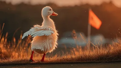 White Duckling Laying An Egg On A Golf Course
