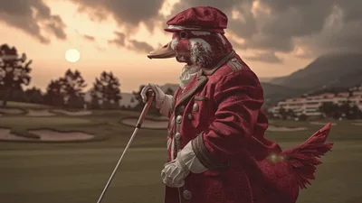 Anthropomorphic Duck Golfer Preparing To Swing On Course