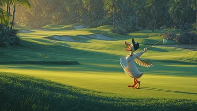 Cartoon Duck Playing Golf On A Sunny Course