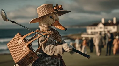 Anthropomorphic Duck Golfer Walking On A Coastal Course