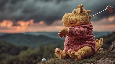 Plush Dinosaur Toy Swinging A Golf Club Outdoors