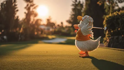 Cute Cartoon Duck Playing Golf On A Sunny Green