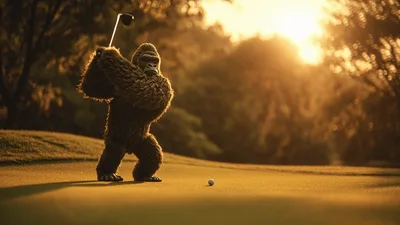 Gorilla Playing Golf On A Sunny Putting Green