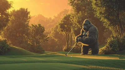 Giant Gorilla Playing Golf On A Sunny Green