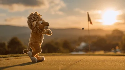 Plush Lion Toy Playing Golf On A Putting Green