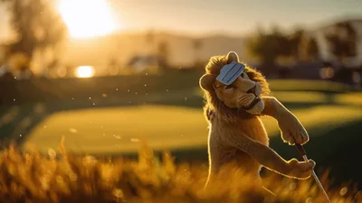 Anthropomorphic Lion Golfer Swinging A Golf Club