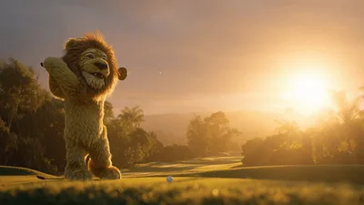 Anthropomorphic Lion Playing Golf On A Sunny Course