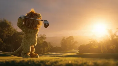 Anthropomorphic Lion Mascot Playing Golf At Sunset
