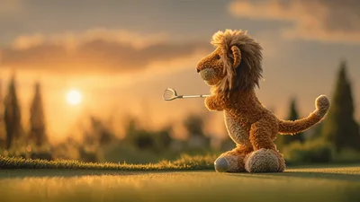 Stuffed Lion Toy Playing Golf On A Sunny Course