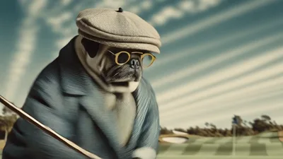 Sophisticated Pug Dog Playing Golf On A Sunny Course