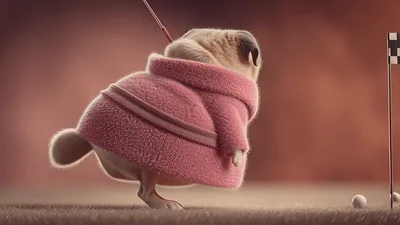 Cute Pug Wearing Bathrobe Playing Golf