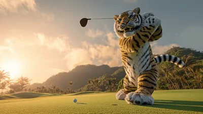 Anthropomorphic Tiger Playing Golf On Tropical Course