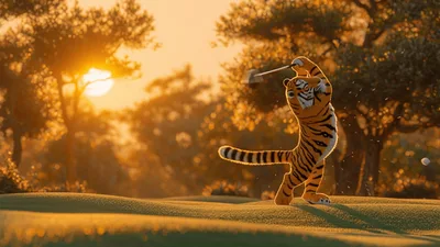 Animated Tiger Playing Golf On A Sunny Course