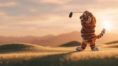 Animated Tiger Character Playing Golf On A Sunny Course