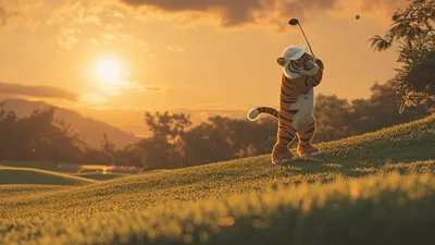 Animated Tiger Character Playing Golf At Sunset