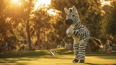 Zebra Mascot Playing Golf On A Sunny Course