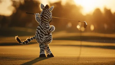 Zebra Mascot Playing Golf On A Sunny Course